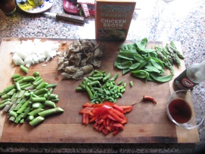Clockwise from upper left:  onions, mushrooms, snow peas and asparagus tips, red pepper pod (to break open for seeds), red bell pepper, asparagus stems; and center- garlic scapes.  Thickening sauce, chicken broth and soy sauce at the sides